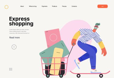 Ekspres alışveriş - Çevrimiçi alışveriş, elektronik ticaret ağı şablonu - modern düz vektör konsept çizimi, alışveriş sepetli kaykaylı adam. Terfi, indirim, satış, online sipariş konsepti.