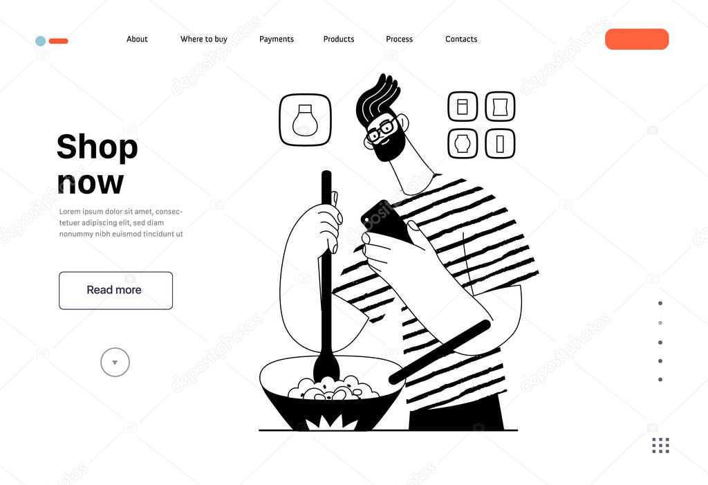 Shop now - Online shopping and electronic commerce web template - modern flat vector concept illustration of a man cooking in pan and shopping. Promotion, discounts, sale and online orders concept