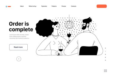 Order is complete - Online shopping and electronic commerce web template - modern flat vector concept illustration of couple sitting in restaurant. Promotion, discounts, sale and online orders concept