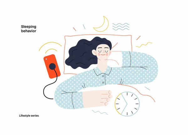 ライフスタイルシリーズ 睡眠行動 彼女のベッドで寝ている女性の近代的なフラットベクトル図は 良い睡眠習慣 8時間の通常の睡眠の利点を示しています 人々の活動コンセプト — ストックベクタ