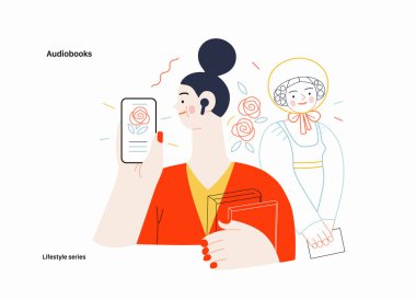 Yaşam tarzı serisi - Audiobooks - Tablet uygulamasında tomurcukları olan bir ses kaydını dinleyen bir kadının modern düz vektör illüstrasyonu ve Viktorya dönemi edebi karakteri. İnsan aktiviteleri konsepti