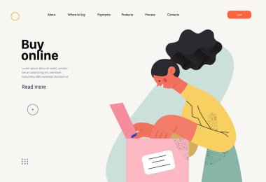 Buy online - Online shopping and electronic commerce web template - modern flat vector concept illustration of a woman unpacking a parcel box. Delivery, discounts, sale and online orders concept
