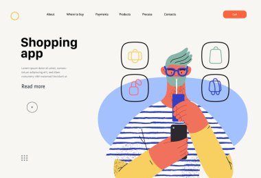Shopping application -Online shopping and electronic commerce web template -modern vector concept illustration of man drinking beverage and shopping Promotion, discount, sale and online orders concept