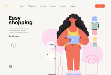 Easy shopping -Online shopping and electronic commerce web template - modern flat vector concept illustration of a woman in toilet shopping online. Promotion, discounts, sale and online orders concept