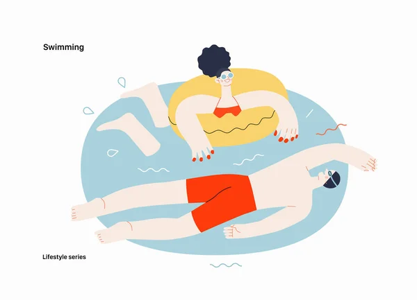 ライフスタイルシリーズ スイミング プールで泳いでいる男と女の現代的なフラットベクトルイラスト 人々の活動コンセプト — ストックベクタ