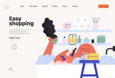 Easy shopping - Online shopping and electronic commerce web template - modern flat vector concept illustration of a woman taking a bath. Promotion, discounts, sale and online orders concept