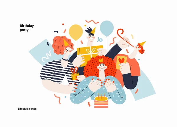 Lifestyle Serie Verjaardagsfeestje Moderne Platte Vector Illustratie Van Mannen Vrouwen — Stockvector
