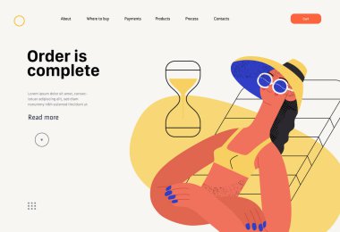 Order is complete - Online shopping and electronic commerce web template - modern flat vector concept illustration of a woman made an order and relaxing sunbathing. Sale and online orders concept