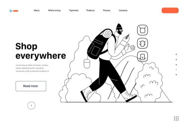 Shop everywhere -electronic commerce web template -modern flat vector concept illustration of man hiking with travel backpack and shopping online. Promotion, discounts, sale and online orders concept
