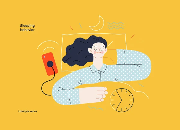 生活方式系列 睡眠行为 一个女人在床上睡觉的现代平面矢量图解 显示了良好的睡眠习惯的好处 8小时的正常睡眠 人的活动概念 — 图库矢量图片