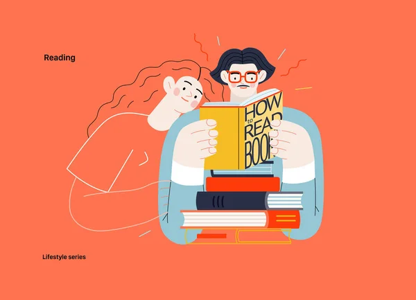 生活方式系列 阅读现代平面矢量插图的一个男人和一个女人阅读书籍 人的活动概念 — 图库矢量图片