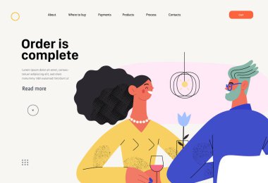 Order is complete - Online shopping and electronic commerce web template - modern flat vector concept illustration of couple sitting in restaurant. Promotion, discounts, sale and online orders concept