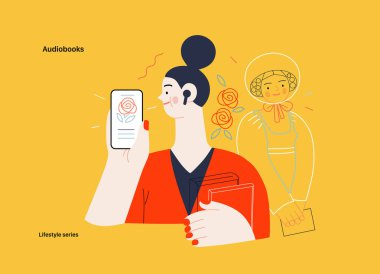 Yaşam tarzı serisi - Audiobooks - Tablet uygulamasında tomurcukları olan bir ses kaydını dinleyen bir kadının modern düz vektör illüstrasyonu ve Viktorya dönemi edebi karakteri. İnsan aktiviteleri konsepti