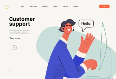 Customer support - Online shopping and electronic commerce web template - modern flat vector concept illustration of male operator greeting client. Promotion, discounts, sale and online orders concept