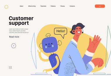 Customer support -Online shopping and electronic commerce web template -modern flat vector illustration of an operator and bot greeting a client. Promotion, discounts, sale and online orders concept