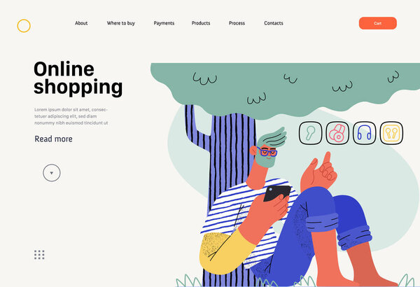 Online shopping -electronic commerce web template -modern flat vector illustration of a man sitting relaxing under the tree outside and shopping. Promotion, discounts, sale and online orders concept