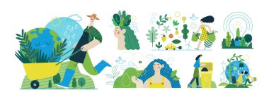 Ecology - Modern flat vector concept illustration on green positive thinking. Waste sorting, Recycling, Green energy, Save the planet, bio farming. Creative landing web page illustrations set