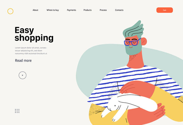 Relaxing shopping - Online shopping and electronic commerce web template - modern flat vector illustration of a man holding a bunny in his arms. Promotion, discounts, sale and online orders concept