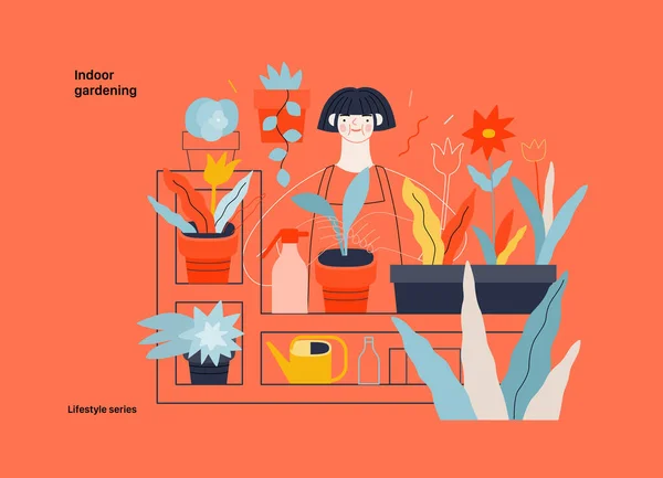 生活方式系列 室内园艺 家庭中妇女园艺的现代平面矢量插图 种植和浇灌 人的活动概念 — 图库矢量图片