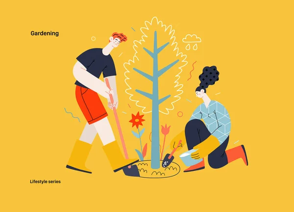 生活方式系列 现代平面矢量插图一男一女挖掘和施肥一棵树 种植和照料园艺活动 人的活动概念 — 图库矢量图片