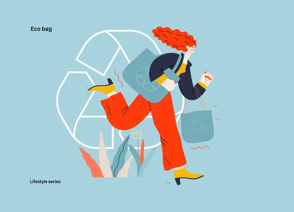 Seria Lifestyle Eco Bag Nowoczesny Wektor Płaski Ilustracja Kobiety Trzymającej — Wektor stockowy