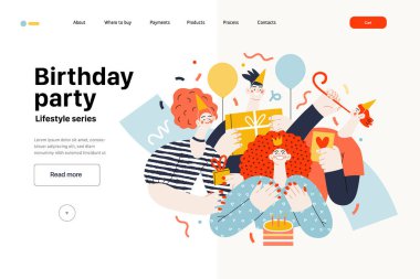 Yaşam tarzı web şablonu - doğum günü partisi - erkek ve kadınların doğum günlerini kutlayan, hediyeler veren modern düz vektör çizimi. İnsan aktiviteleri konsepti