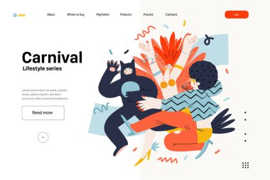 Lifestyle web şablonu - Karnaval - maskeli insanların birlikte dans ettiği, kostüm karnaval alayına katılan modern düz vektör çizimi. İnsan aktiviteleri konsepti