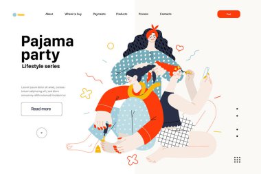 Yaşam tarzı web şablonu - pijama partisi - modern düz vektör çizimi, pijama giyen kadın arkadaşlar birlikte eğleniyorlar makyaj yapıyorlar, saç boyuyorlar, ayak tırnaklarına oje sürüyorlar.