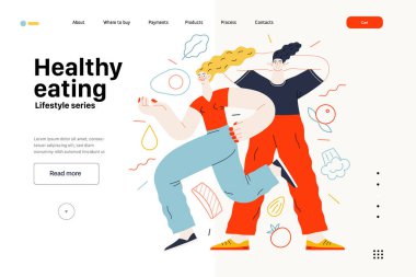 Yaşam tarzı web şablonu - sağlıklı beslenme - bir kadın ve bir erkeğin sağlıklı dengeli beslenme uygulamasının modern düz vektör çizimi. İnsan aktiviteleri konsepti