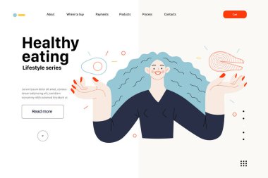 Yaşam tarzı web şablonu - Sağlıklı beslenme - Modern yassı vektör çizimi Sağlıklı dengeli diyet yapan bir kadının somon ve avokado tutarken. İnsan aktiviteleri konsepti