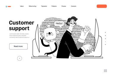 Customer support -Online shopping and electronic commerce web template -modern flat vector illustration of an operator and bot greeting a client. Promotion, discounts, sale and online orders concept