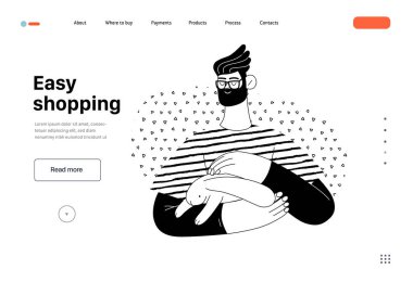 Relaxing shopping - Online shopping and electronic commerce web template - modern flat vector illustration of a man holding a bunny in his arms. Promotion, discounts, sale and online orders concept