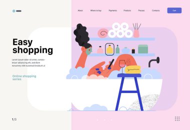 Easy shopping - Online shopping and electronic commerce web template - modern flat vector concept illustration of a woman taking a bath. Promotion, discounts, sale and online orders concept