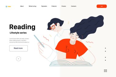 Yaşam tarzı web şablonu - Okuma - kitap okuyan bir erkek ve kadının modern düz vektör çizimi. İnsan aktiviteleri konsepti