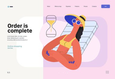 Order is complete - Online shopping and electronic commerce web template - modern flat vector concept illustration of a woman made an order and relaxing sunbathing. Sale and online orders concept