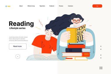 Yaşam tarzı web şablonu - Okuma - kitap okuyan bir erkek ve kadının modern düz vektör çizimi. İnsan aktiviteleri konsepti