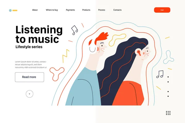 生活方式网络模板 听音乐 现代平面矢量插图 描述一个男人和一个女人 带着花蕾和耳机 听海浪环绕的音乐 人的活动概念 — 图库矢量图片