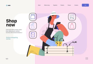 Shop now - Online shopping and electronic commerce web template - modern flat vector concept illustration of a woman gardening and shopping online. Promotion, discounts, sale and online orders concept