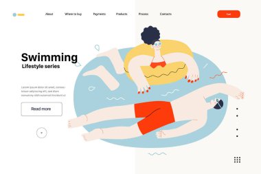 Yaşam tarzı web sitesi şablonu - yüzme - Havuzda yüzen bir erkek ve kadının modern düz vektör çizimi. İnsan aktiviteleri konsepti