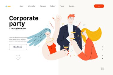 Lifestyle web sitesi şablonu - Şirket partisi - Şirketin ofisinde eğlenen ve şampanya içen iş adamlarının modern düz vektör çizimi. İnsan aktiviteleri konsepti