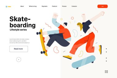 Yaşam tarzı web sitesi şablonu - kaykay - genç bir erkek ve kadın patencinin havada kaykay ile zıplamasının modern düz vektör çizimi.