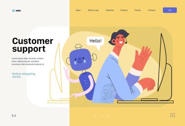 Customer support -Online shopping and electronic commerce web template -modern flat vector illustration of an operator and bot greeting a client. Promotion, discounts, sale and online orders concept