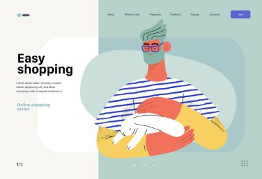 Relaxing shopping - Online shopping and electronic commerce web template - modern flat vector illustration of a man holding a bunny in his arms. Promotion, discounts, sale and online orders concept