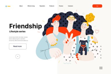Yaşam tarzı web sitesi şablonu - arkadaşlık - mutlu erkek ve kadınların birbirine sarılıp poz vermelerinin modern düz vektör çizimi. İnsan aktiviteleri konsepti