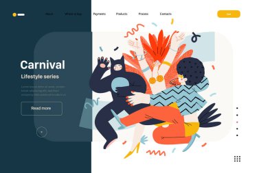 Lifestyle web şablonu - Karnaval - maskeli insanların birlikte dans ettiği, kostüm karnaval alayına katılan modern düz vektör çizimi. İnsan aktiviteleri konsepti