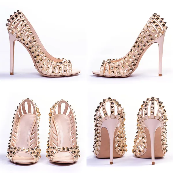 Sapatos Cor Dourada Das Mulheres Com Picos — Fotografia de Stock