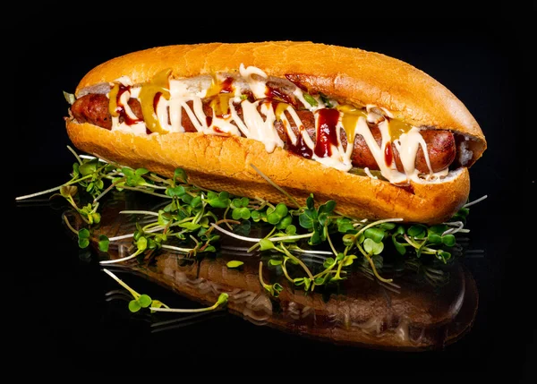 Meat Product Hot Dog Vegetables Dark Background — Stock Photo, Image