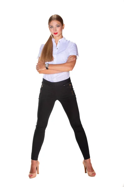 Beyaz Tarafsız Arka Planda Pantolonlu Bir Kadını — Stok fotoğraf