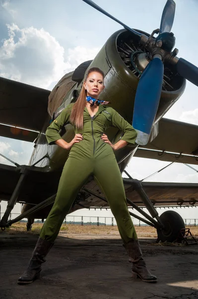 Young Woman Military Uniform Plane Background Sky — стоковое фото