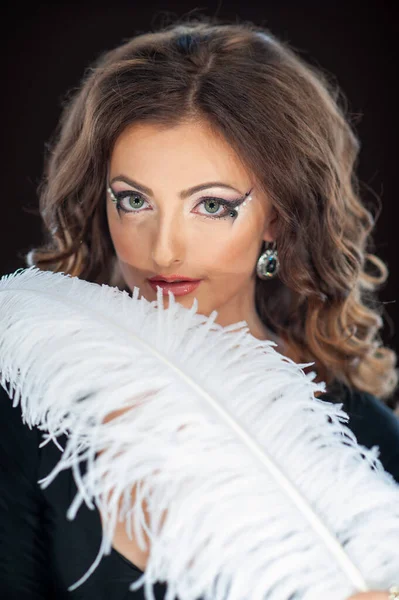 Portrait Beautiful Young Woman White Feather — Foto Stock